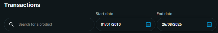 The Start date and End date fields above DeGiro's transactions table
