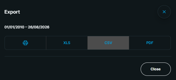 DeGiro's Export dialog with CSV selected among print, XLS, CSV and PDF