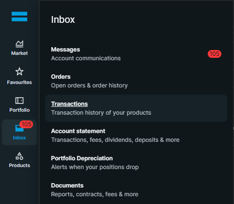 DeGiro's Inbox panel, with Transactions selected above Account statement