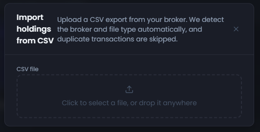 The DividendAtlas import panel, with a drop area for a CSV file